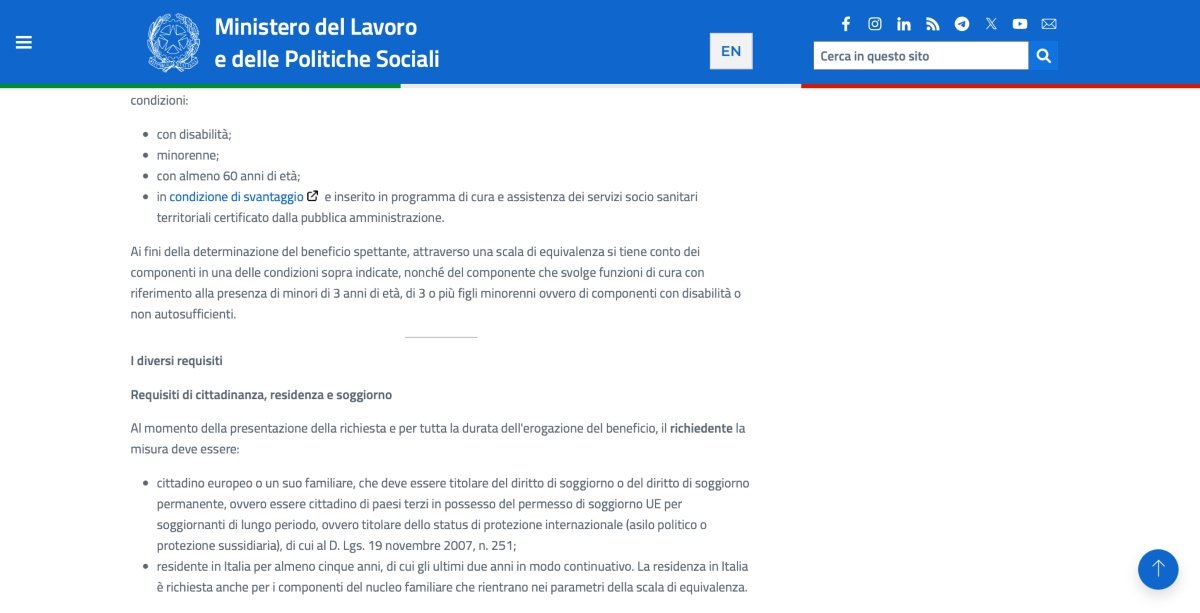Pagina del Ministero del Lavoro e delle Politiche sociali dedicata all